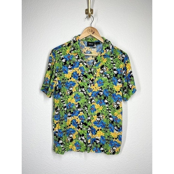Disney Small S Mickey Mouse Hawaiian Floral Button Front Shirt Short Sleeve - Picture 1 of 5